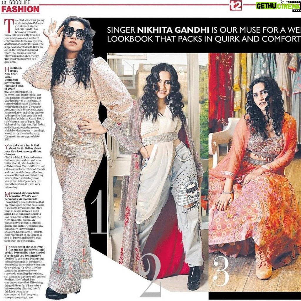 Nikhita Gandhi Instagram - Overjoyed to see this massive spread on @t2telegraph today of our CITRINE X NIKHITA collaboration 🫶🏻♥ Just wanted to extend the warmest and sincerest love and appreciation to @tavishikanoria who so beautifully and elegantly put this together and styled me in the gorgeous ensembles from her store @citrinekolkata 🌹💃🏻 Hair and makeup @naqiya.fakhri #fashionspread #winterwedding #t2 #citrine #nikhitagandhi #tavishikanoria #thetelegraph #quirky #comfortfashion #weddingfashion #indianwedding #winterfashion #bridesmaids #desiweddingdresses #desifashion
