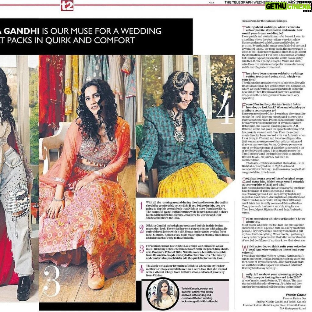 Nikhita Gandhi Instagram - Overjoyed to see this massive spread on @t2telegraph today of our CITRINE X NIKHITA collaboration 🫶🏻♥️ Just wanted to extend the warmest and sincerest love and appreciation to @tavishikanoria who so beautifully and elegantly put this together and styled me in the gorgeous ensembles from her store @citrinekolkata 🌹💃🏻 Hair and makeup @naqiya.fakhri #fashionspread #winterwedding #t2 #citrine #nikhitagandhi #tavishikanoria #thetelegraph #quirky #comfortfashion #weddingfashion #indianwedding #winterfashion #bridesmaids #desiweddingdresses #desifashion