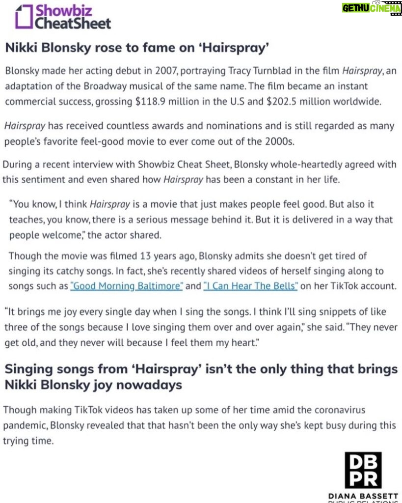 Nikki Blonsky Instagram - Loved chatting with @showbizcheatsheet! Check out the article to see what #Hairspray still means to me and let me know which song from the movie is your favorite! Maybe I’ll sing it on my next story...you never know....