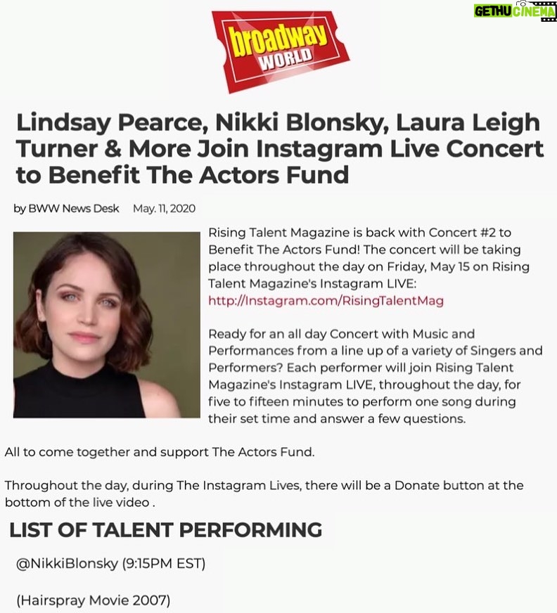 Nikki Blonsky Instagram - Excited to be part of such an amazing event again! Tune into @risingtalentmag live show on Friday, May 15th to catch some of Broadway’s amazing talent! I’ll be live at 9:15pm EST! You won’t want to miss it!