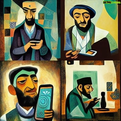 Nima Akbarpour Instagram - #حافظ و گوشی هوشمندش در چهار قاب، ساخته‌شده به دست #هوش_مصنوعی به سبک #پیکاسو #Hafez and his smartphone in four frames, created by #AI in #Picasso style #midjourney