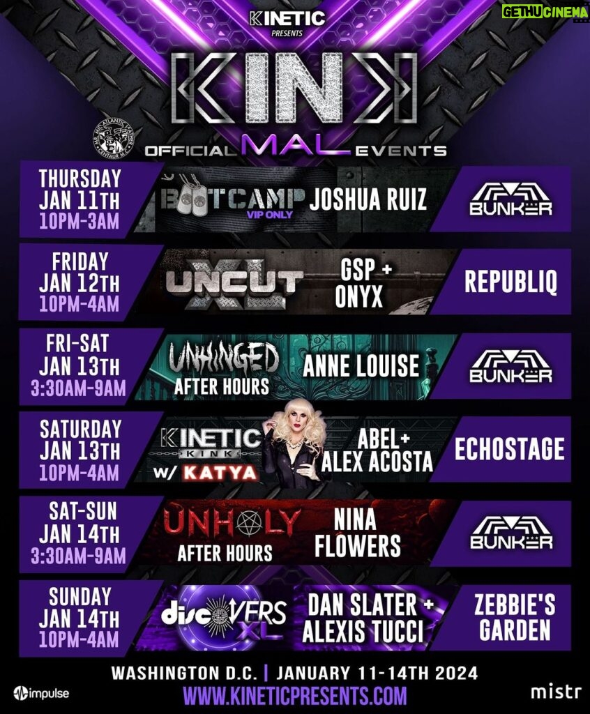 Nina Flowers Instagram - Looking forward to joining forces with Kinetic Presents in DC for KINK during MAL weekend. See you guys at BUNKER DC Sunday morning 😎