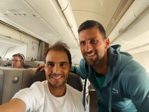 Novak Djokovic Instagram - Great company on the way to USA 🇺🇸 😎💪🎾 @rafaelnadal #idemooo #vamos @indianwellstennisgarden @atptour Up In The Air