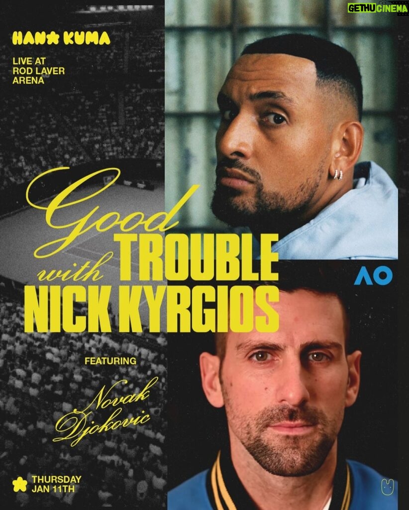 Novak Djokovic Instagram - You can always count on The King and Djoker to stir up some GOOD TROUBLE 👑🃏 Coming to you live from Australian Open, Nick Kyrgios and Novak Djokovic will be taking center court on Thursday Jan 11, 5pm AEST for a special edition “Good Trouble with Nick Kyrgios”. Comment below what @k1ngkyrg1os should ask @djokernole! One lucky comment will be chosen to be included in this interview 👀🎾🇦🇺 #GoodTrouble #AO2024