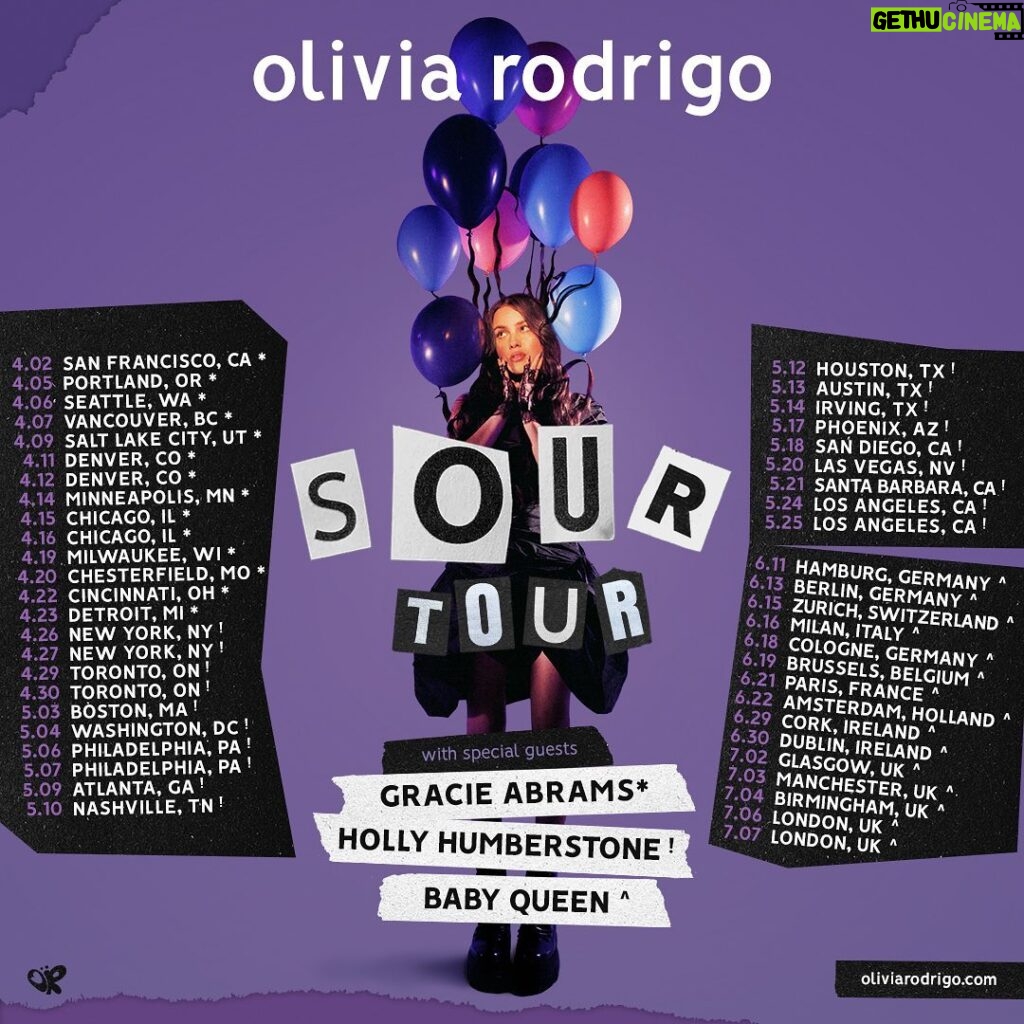 Olivia Rodrigo Instagram - SOUR TOUR IS FINALLY HAPPENING!!! with angels @gracieabrams @hollyhumberstone and @queenofthebabies!! tix on sale Friday!!!!💗🎸💜🌈