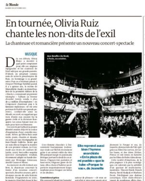 Olivia Ruiz Instagram - À vous tous, ceux que j’aime comme ceux que je ne connais pas, ceux qui sont mes hiers, mes aujourd’huis et/ou mes demains, 
À vous qui étiez là, par la pensée ou bien en vrai, pour monter, jouer, sublimer, soutenir, défendre, accueillir, ou simplement partager ces Bouches Cousues aux Bouffes du Nord et sur les premières dates de la tournée: 
MERCI! 
Lucky me! 🥰❤️
Et Vivement la suite
Je vous embrasse
Olivia 

https://www.lemonde.fr/culture/article/2021/10/29/olivia-ruiz-chante-les-non-dits-de-l-exil_6100273_3246.html#xtor=AL-32280270-%5Bdefault%5D-%5Bandroid

https://www.telerama.fr/sortir/dans-son-spectacle-bouche-cousue-olivia-ruiz-chante-lespagne-et-lexil-6992740.php

#bouchescousuesleconcert #bouchescousues @arthursachel @rossinante_paris @les_bouffes_du_nord @jeremielip @mathieudenisme @vincentvox @david_hadjadj_officiel @wiloscarlet @dimitri_vassiliu @maxencepesenti @kanoumo @sophiemake_up @laurag_photo @julien_bouffier @asteriosspectacles @opus64_relations_presse @francetelevisions @arthur.cemin @bo_berger @editionsjclattes @dieuleveult_agency @toan @youpidip @didier_varrod @bienvenu_antoine @estrella.productions @flocharmasson @fambuenaedith @veroniquecardi @moussadaziperso @cestlejo @pascalobispo @ctrapenard @vincenteudeline @eddydepretto @odile_de_plas @norasahli @alexvizorek @florenceloiretcaille @christianolivierafter @ascarideariane @noramonnet @stephanedavet @sebaguerre18 @klonfamily @jesuischeri_ @vinchamusic @madamepied @laurent_balandras @bastien.burger @ninovellamusic @aketofficiel @patricemaktavofficial @luciebernardoni  @valentine_guediguian @livredepoche @grandangle_editions @royalties_paris @tgatlif @dani.musique.officiel @caliofficiel @mathiasdionysos @daria_nelson @oiseaulive @jeffdelort @sidneycarron @vickisatlow @bs_maelle @marionfouillandbousquet @lionelsuarez @thierryteston 
@alexfallourd @suzette.music @lecluse_paris @theatrecinemanarbonne @la_barreau @blandine_peroteau 
@myrsquirrel @nitsansayag @christianecarreras … …
