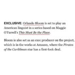 Orlando Bloom Instagram - Excited for this one, based on the novel by Maggie O’Farrell ❤️‍🔥
