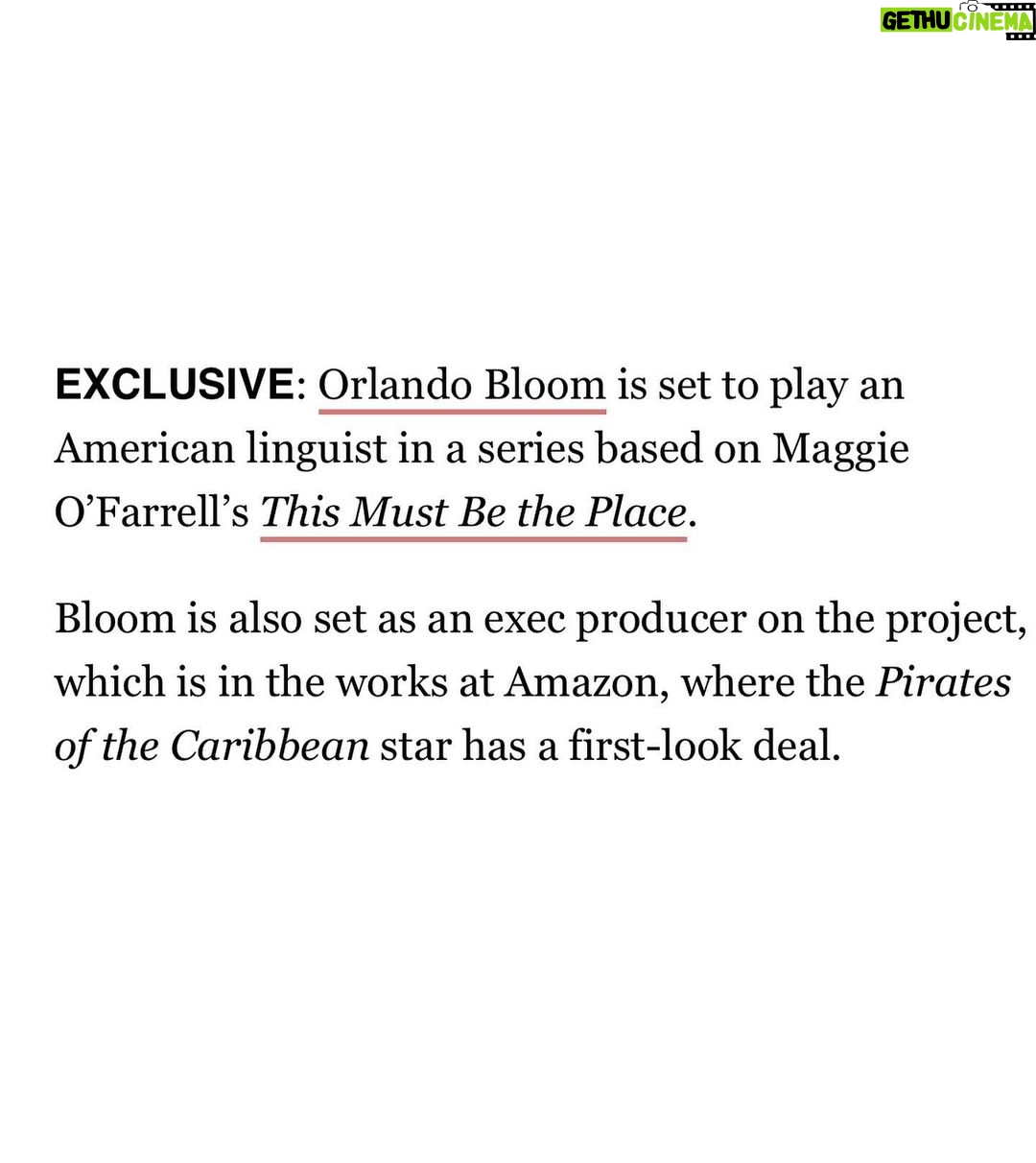 Orlando Bloom Instagram - Excited for this one, based on the novel by Maggie O’Farrell ❤️🔥