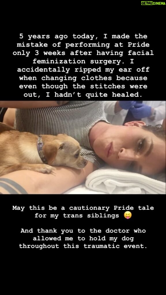 Our Lady J Instagram - 5 years ago today, I made the mistake of performing at Pride only 3 weeks after having facial feminization surgery. I accidentally ripped my ear off when changing clothes because even though the stitches were out, I hadn’t quite healed. May this be a cautionary Pride tale for my trans siblings 😝 And thank you to the doctor who allowed me to hold my dog throughout this traumatic event. #happypride Portland Oregon