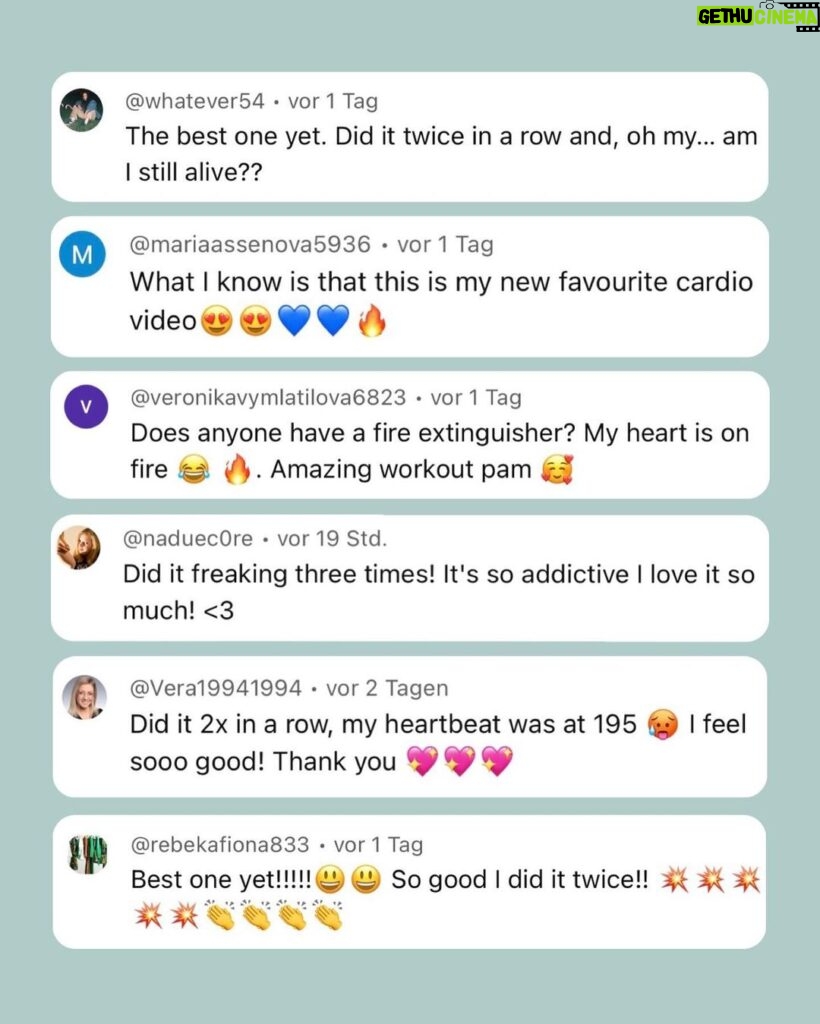 Pamela Reif Instagram - Heartbeat on FIRE 🔥 this gets my pulse to 190bpm 🥵 who has tried our new video? 🙃🙃 swipe to read some feedback!! 💦💦💦 I already had thisssss feeling when creating it.. #newfave 👀🥲 We have a mix of Techno, Drum’n’Bass, House & Pop - a very intense & motivating combo for a Cardio HIIT workout! Which song is your fave? 🕺🏼 PS: wearing my new Pam x Puma collection, launching THIS Friday 🎽 #pamelareif #motivation #cardio #hiit #techno #house #workout New Video