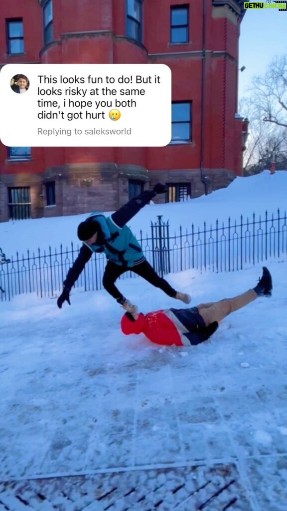 Parkourporpoise Instagram - Trying to explain to your friends parents, that you accidentally knocked his face while you were trying to surf him like a snowboard down a public street in Montreal in the middle of winter! 😅🤷🤪 #snowboardlife #ohno #failvideo #kickflip #action #comedyvideos Montreal, Quebec