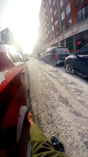 Parkourporpoise Instagram - Me trying to hang onto my sanity until the weekend! 🤷🚗💨 

#snowstorm #lateforwork 
#comedy #stunts