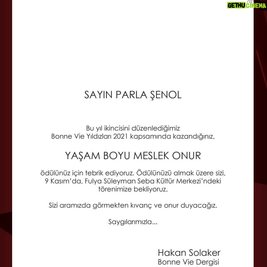 Parla Şenol Instagram - Bonne Vie dergisinden Hakan Solaker ve ekibi beni "Yaşam Boyu Başarı" ödülüne layık görmüş. Ne mutlu bana. Sonsuz teşekkür ediyorum. #bonnevie