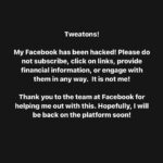 Patricia Heaton Instagram - My Facebook has been hacked! Please do not subscribe, click on links, provide financial information, or engage with them in any way. It is not me! Thank you to the team at Facebook for helping me out with this. Hopefully, I will be back on the platform soon!
