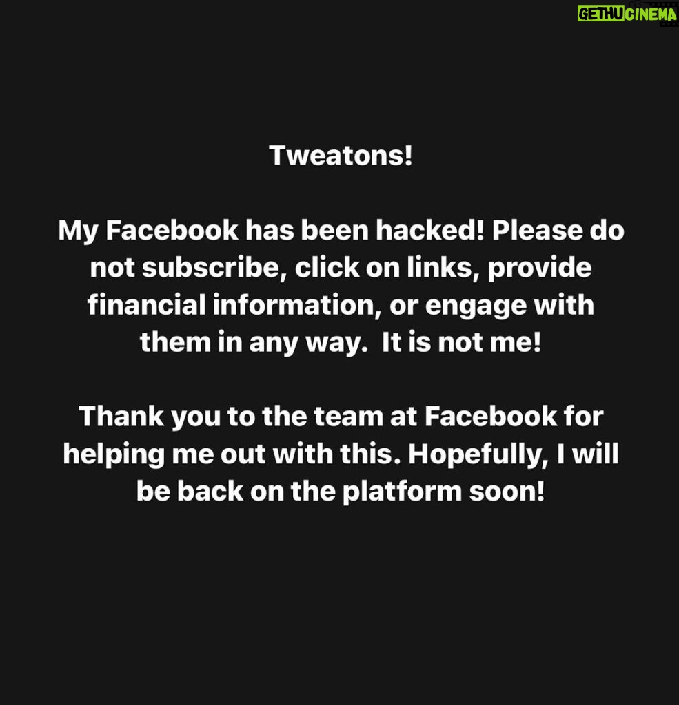 Patricia Heaton Instagram - My Facebook has been hacked! Please do not subscribe, click on links, provide financial information, or engage with them in any way. It is not me! Thank you to the team at Facebook for helping me out with this. Hopefully, I will be back on the platform soon!