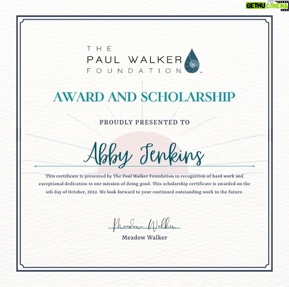 Paul Walker Instagram - βWe are proud and excited to announce Abby Jenkins as the 2022 @PaulWalkerFdn Award and Scholarship recipient. This scholarship is in recognition of Abby's hard work and exceptional dedication to our mission of doing good. Welcome to the PWF Family, @abbycjenkins πβ - @MeadowWalker Congrats to Abby! #DoGood #TeamPW