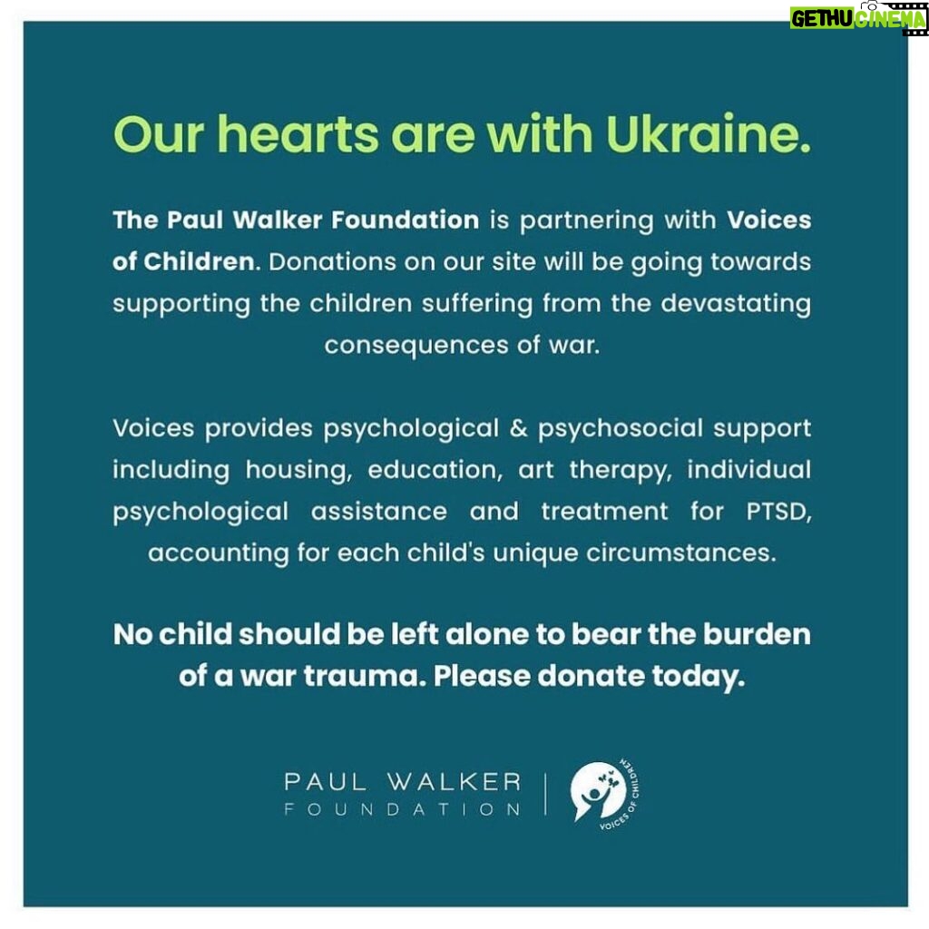 Paul Walker Instagram - Help support the children of the Ukrainian crisis. 💙 http://paulwalkerfoundation.org/pages/donate [link in bio] #TeamPW