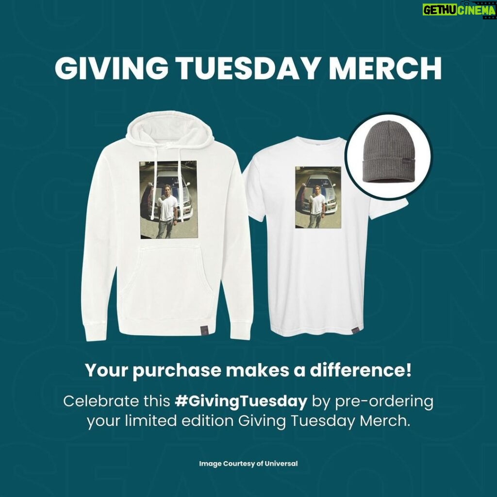 Paul Walker Instagram - The @PaulWalkerFdn strives to always DO GOOD.® and it's only possible with the outstanding support of our amazing #PaulWalker Family. Celebrate #GivingTuesday and champion the cause by pre-ordering PWF’s exclusive merch now: paulwalkerfoundation.org/pages/shop [link in bio] #GivingSeason #DOGOOD.® ~~~ 100% of profits fuel the foundation. Image courtesy of Universal. PRE-ORDER ONLY. SHIPPING CAN TAKE UP TO 4 WEEKS. Purchase for a limited time only, while supplies last. Due to the 4-week timeline, PWF cannot guarantee orders will arrive in time for the holidays. #TeamPW
