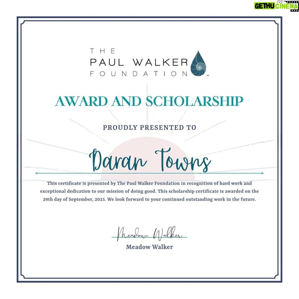 Paul Walker Instagram - @PaulWalkerFdn is proud to announce Daran Towns as the 2023 Paul Walker Foundation Award and Scholarship recipient! This scholarship is in recognition of her hard work and exceptional dedication to the mission of doing good. As a volunteer at the @MontereyBayAquarium and the Aquarium of the Pacific, Daran has contributed to her community by supporting marine life and educating her friends and family about the importance of ocean conservation. 💙 "Growing up in the valley made me realize that there are so many people out there with no ocean education and I want to help bridge the gap, starting with my own community! I can’t wait to further the foundation's mission of education and doing good in the world. I am so blessed, honored, and overjoyed to receive the 2023 Paul Walker Foundation Award and Scholarship." – Daran Towns Visit paulwalkerfoundation.org to learn more. #DoGood #TeamPW