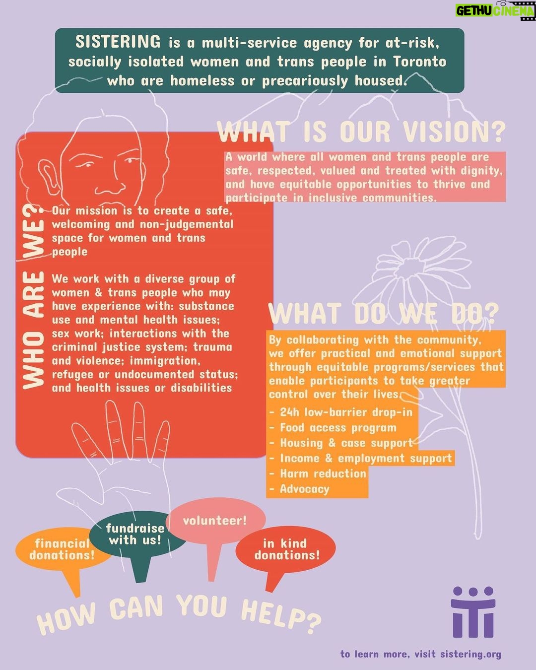 Paula Brancati Instagram - @sisteringdropin in Toronto is a multi-service agency offering support for women and trans people in our community. For more info about their incredible work and for ways to donate, please visit sistering.org. What are some organizations that are helping to better your community? Please tag them below— would love to hear about them. 💜 Sistering 24 Hour Drop In