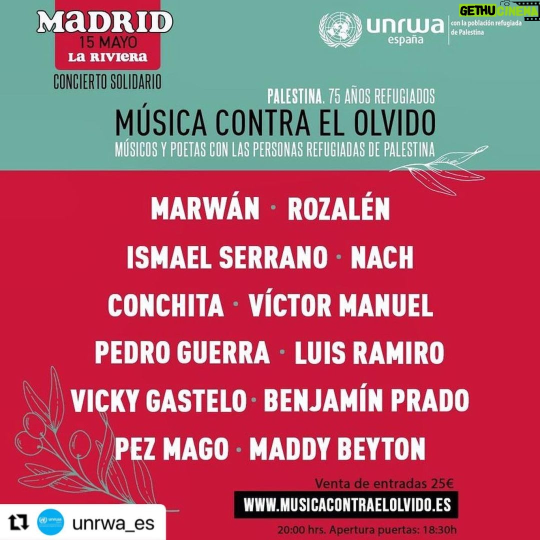 Pedro Guerra Instagram - #Repost @unrwa_es with @use.repost ・・・ ♥️ Este cartel no es sólo eso. Este cartel contiene el arte, el amor, la solidaridad y el buen hacer de personas que la noche del 15 de mayo van a entregar su música y su palabra a las personas refugiadas de #Palestina. Claramente, no es un cartel cualquiera. Marwán es el mago que lo ha conseguido y junto a él cada una de las personas que estáis agotando las entradas, y con ello haciendo un donativo vital, completáis un círculo de solidaridad irrompible. El 15 de mayo vamos cantarlo muy alto: NO ESTÁIS SOLOS y @marwanoficial @rozalenmusic @serranoismael @nachsoyyo @oficialconchita @victormanuel_of @pedro_guerra @luisramiro @vicky_gastelo @benjaminprado_ @lucaspezmago y @maddybeyton serán lxs maestros que nos guíen. A todxs ellos, y las personas que nos acompañaréis, de corazón: GRACIAS. Va a ser una noche tan especial.
