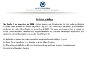 Pelé Instagram - Meus amigos, eu quero manter todos tranquilos e com o pensamento positivo. Estou forte, com muita esperança e sigo meu tratamento como sempre. Quero agradecer a toda equipe médica e de enfermagem, por todo zelo que tenho recebido. 

Eu tenho muita fé em Deus e cada mensagem de amor que recebo de vocês, vindas mundo inteiro, me mantém cheio de energias. E assistir o Brasil na Copa do Mundo também! 

Muito obrigado por tudo. 🙏🏾
.

My friends, I want to keep everyone calm and positive. I'm strong, with a lot of hope and I follow my treatment as usual. I want to thank the entire medical and nursing team for all the care I have received.

I have a lot of faith in God and every message of love I receive from you all over the world keeps me full of energy. And watch Brazil in the World Cup too!

Thank you so much for everything. 🙏🏾
