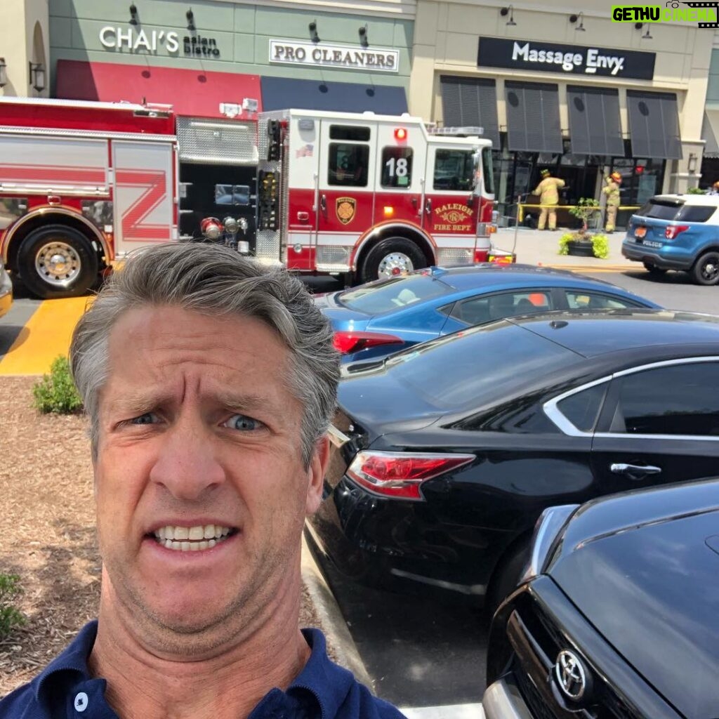 Penn Holderness Instagram - DOUBLE CHINVESTIVATION. There are police and fireman all over this massage CHINvy. I CHINterviewed a nearby store merCHINt who tells me that a disgruntled CHINployee rammed into the store front and sped away, but left behind a car bumper. You are welcome @wral and @abc11_wtvd and @wncntv #doublechinstagram