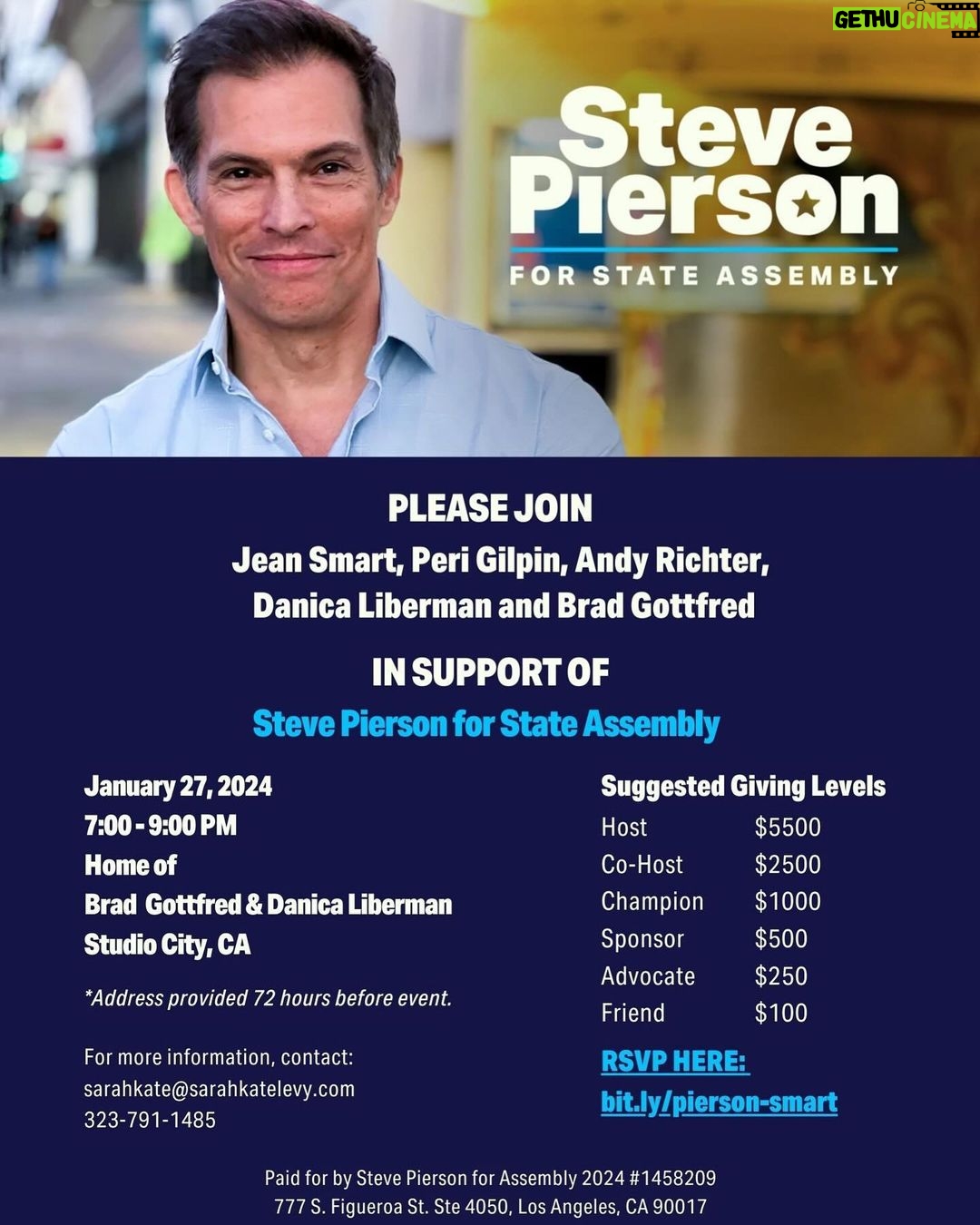 Peri Gilpin Instagram - I’m excited to support Steve because he and his wife Melinda McGraw are 30+ year residents of Assembly District 44, which he is running to represent, and 30+ year members of SAG-AFTRA, too. If elected, Steve will be the only member of the Assembly with any lived experience in the entertainment industry. (In addition to his SAG-AFTRA membership, Steve owned a small sound studio for a decade.) He is committed to fighting with all he has to keep entertainment jobs here in California. Steve is also endorsed by the California Teachers’ Association, Barbara Boxer, and Reproductive Freedom for All (formerly NARAL), among many many other people and organizations I trust. You can learn more about Steve and his campaign on his website, piersonforca.com link in bio. Here are the quick details for our upcoming event: January 27, 2024 @ 7 pm Hosted by: Jean Smart, Peri Gilpin, Andy Richter, Danica Liberman and Brad Gottfred Address upon RSVP RSVP here: https://secure.actblue.com/donate/pierson-smart Studio City,califorina