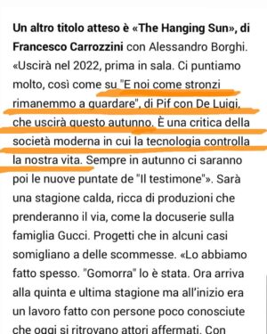 Pif Instagram - “E NOI COME STRONZI RIMANEMMO A GUARDARE”. 

È ufficiale: il mio terzo film uscirà questo autunno (con un anno e mezzo di ritardo per via del covid). 

Protagonisti #FabioDeLuigi e @ileniapastorelli. 
Al loro fianco tantissimi altri tra cui me medesimo! 

Più avanti vi darò tutti i dettagli.

Inoltre, sempre in autunno, usciranno le nuove puntate de #iltestimone.