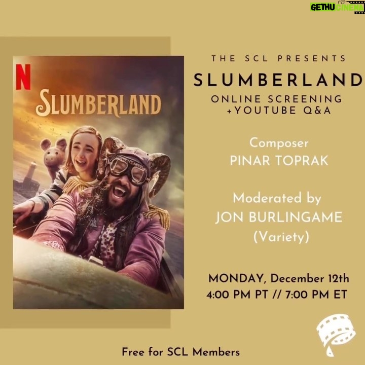 Pinar Toprak Instagram - Repost • Join us tomorrow, December 12th, for an Online Screening of SLUMBERLAND, followed by a Q&A with @pinartoprakcomposer, moderated by JON BURLINGAME (Variety) 🎶 ⁣ ⁣ MONDAY, December 12th⁣ 4:00 pm PT // 7:00 pm ET⁣ ⁣ Register at the link in our stories and bio!⁣ ⁣ Slumberland takes audiences to a magical new place, a dreamworld where precocious Nemo (Marlow Barkley) and her eccentric companion Flip (Jason Momoa) embark on the adventure of a lifetime. After her father Peter (Kyle Chandler) is unexpectedly lost at sea, young Nemo’s idyllic Pacific Northwest existence is completely upended when she is sent to live in the city with her well-meaning but deeply awkward uncle Phillip (Chris O’Dowd). Her new school and new routine are challenging by day but at night, a secret map to the fantastical world of Slumberland connects Nemo to Flip, a rough-around-the-edges but lovable outlaw who quickly becomes her partner and guide. She and Flip soon find themselves on an incredible journey traversing dreams and fleeing nightmares, where Nemo begins to hope that she will be reunited with her father once again. ⁣ ⁣ #slumberland #pinartoprak #jonburlingame #filmproducer #director #filmscore #filmmusic #composers #score #awardsseason #thescl #sclscreening