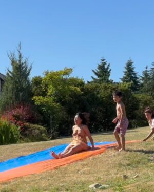 Pisay Pao Instagram - Never. Ever. Too. Old. 💦🛝 
P.S. Mini Labradoodle’s are great for drying off after. 🐶🤫
P.S.S. You don’t need a swimsuit if you’re not going swimming ☺️😂….do we ladies? @aliciapollett @ninonaboujrada 🥰😘