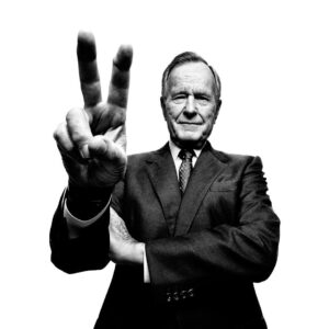 Platon Instagram - (1/2) george h. w. bush. ”Today is a day to remember George H. W. Bush. I have fond, personal memories to share with you. I photographed the former president in his Houston office during his son’s term in the White House. Bush Sr. had tremendous charm and wit – his unrelenting political battles of the past had not disfigured the spirit of the man in the present. I asked him about Margaret Thatcher – he said she was a tough lady but a loyal, steady friend. They were together at a summit the very moment news broke about Saddam Hussein’s invasion of Kuwait, ‘she was a rock that day,’ he said. President Bush was also a huge admirer of Churchill. This picture is our private tribute to Winston – ‘V’ for victory at the end of the second world war. Here is the Bush Sr. character on view – playful, disarmingly cheeky, with a deep rooted love and respect, for public service, courage, and history. This picture was to become the cover of a great magazine called Texas Monthly. My dearest friend and greatest collaborator, Scott Dadich, was then, creative director. As soon as the cover was released publicly however, it occurred to me that the George W. Bush White House administration may read the image differently. I immediately received an email from one of W’s chief political advisors – I would love to share the note with you today. ‘Dear Mr. Platon, congratulations on a cover with cross-generational appeal. George H. W. Bush’s two upraised fingers may represent a victory sign, or a peace sign, depending on which side of World War II the reader was born. However, my three year old daughter had a different take. Upon glimpsing the cover from her seat at the front of the grocery cart, she exclaimed, happily, “daddy, that man sings LITTLE BUNNY FOO FOO!”’”