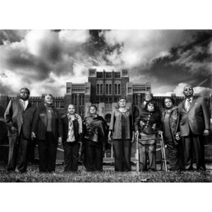 Platon Instagram - little rock nine. "I photographed the Little Rock Nine in front of their gothic high school where they once shaped American's conscience. The lady in the middle of the group wearing a dark shawl is Elizabeth Eckford. Many years ago she was attacked by an angry mob of white mothers as she clutched her school books on the way to class. Honestly, it's one of the most shameful sides of America an immigrant like myself could ever see. Now, decades later she stood with her friends in front of my camera. For a brief moment I lost my concentration and allowed myself to focus on the photograph and not the people. ‘Excuse me my dear, would you mind lowering your chin a little?’ I asked. She replied, ‘Young man, don’t you ever ask me to lower my chin - I hold my head up high with pride because of what we did.’ At that moment they all raised their chins to her level and then they held hands and I took the picture. Elizabeth, we are in awe of your courage and compassion. We salute you and your extraordinary friends."