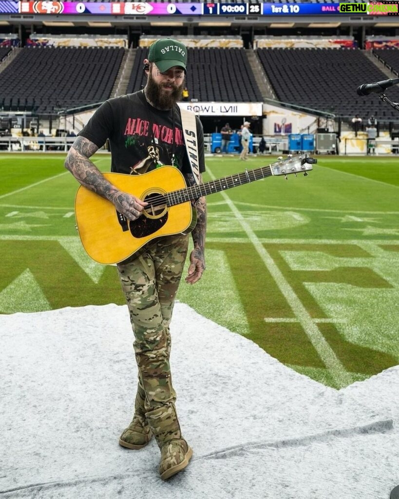 Post Malone Instagram - Post Malone getting ready to perform “America the Beautiful” 🎤🔥 (via @extraposty, @adamdegross) 📺: #SBLVIII – 6:30pm ET on CBS 📱: Stream on #NFLPlus