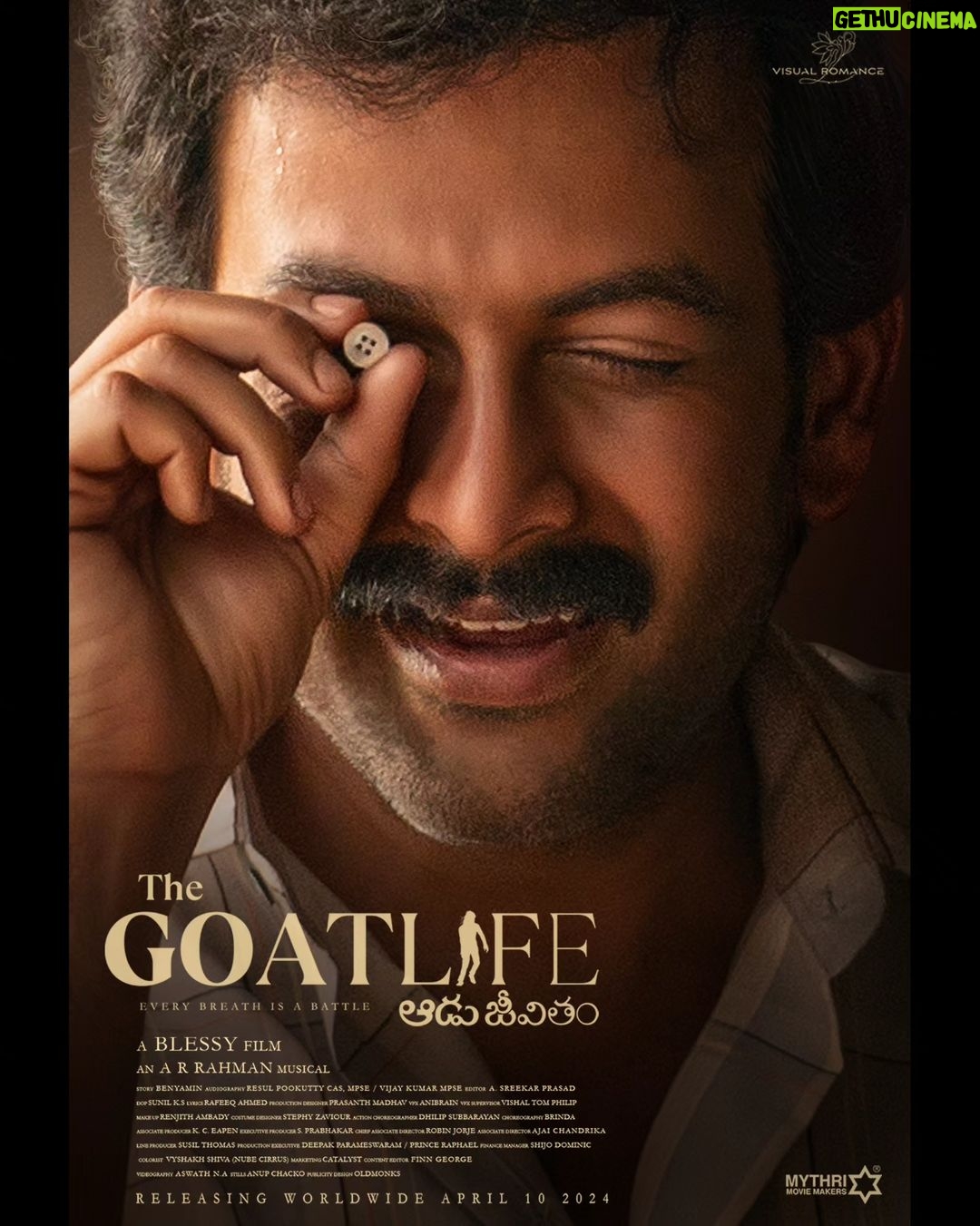 Prithviraj Sukumaran Instagram - We are happy to associate with #AaduJeevitham and release it in Telugu. A terrific story told by a terrific team β€οΈβπ₯ An inspiring journey of a man who just wouldn't give up! #TheGoatLife releasing on 10.04.2024 Starring #Salaar fame @therealprithvi @thegoatlifefilm @talib_m_albaushi @rikaby1 @benny.benyamin @kr_gokul @Stephy_Zaviour @robinjorje @susil.thomas @ranjithambady @vishal_fx84 @prasanthmadhav.artdirector @sunil_ks1 @catalyst4movies @MoesArtOfficial @talib_m_albaushi @rikaby1 @sreekar.prasad @im_a_s_h_ @aafilms.official @mythriofficial @redgiantmovies @hombalefilms @prithvirajproductions