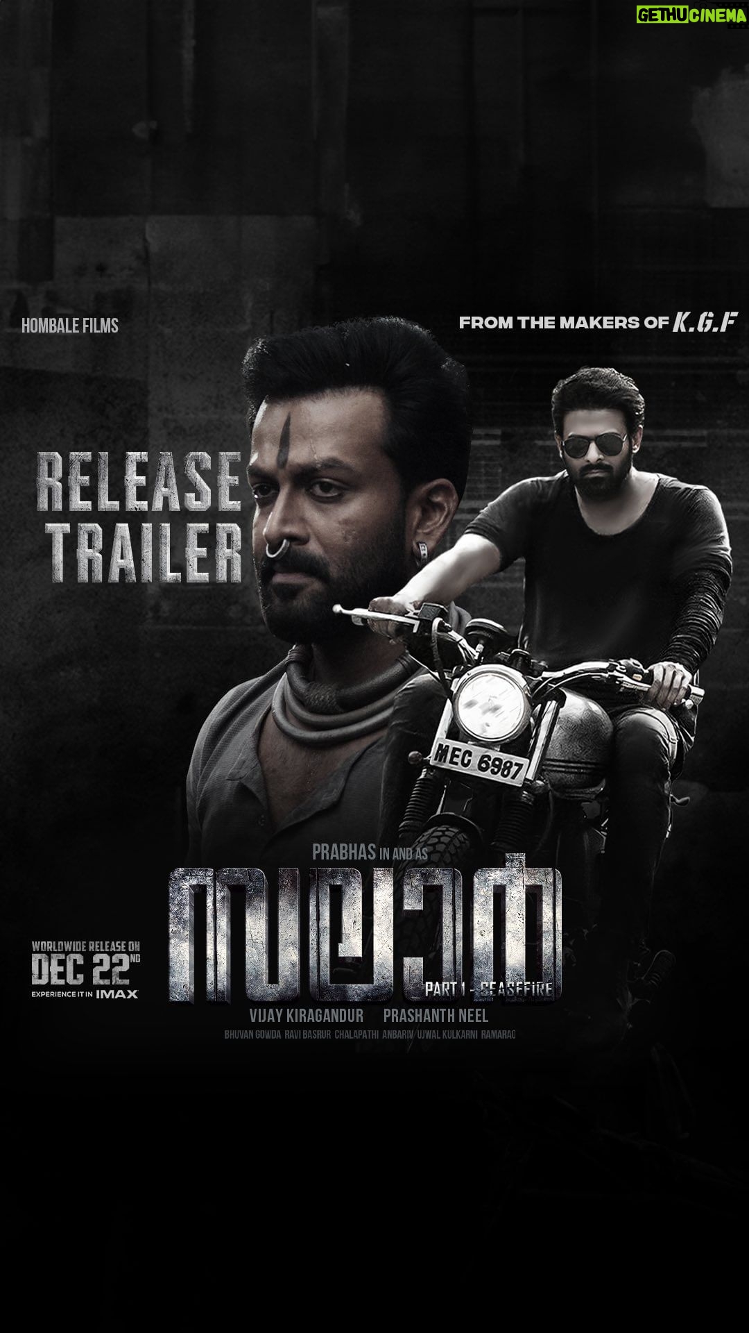 Prithviraj Sukumaran Instagram - Deva & Vardha are all set to unleash their intense action on the big screen 🔥💥 #SalaarCeaseFire storms into cinemas worldwide from Dec 22nd. Here’s #SalaarReleaseTrailer (Malayalam) Book your tickets now 🎟️ linktr.ee/Salaar_Tickets #Salaar @actorprabhas #PrashanthNeel @therealprithvi @hombalefilms @vkiragandur @chaluvegowda @shrutzhaasan @iamjaggubhai_ @sriya_reddy @garuda_ram_official @actorsimha @hombalegroup @ravibasrur @bhuvanphotography @chalapathi477 @anbariv_action_director @kishorekotumphotography @kirtan.nadagouda @salaarthesaga #SalaarCeaseFireOnDec22