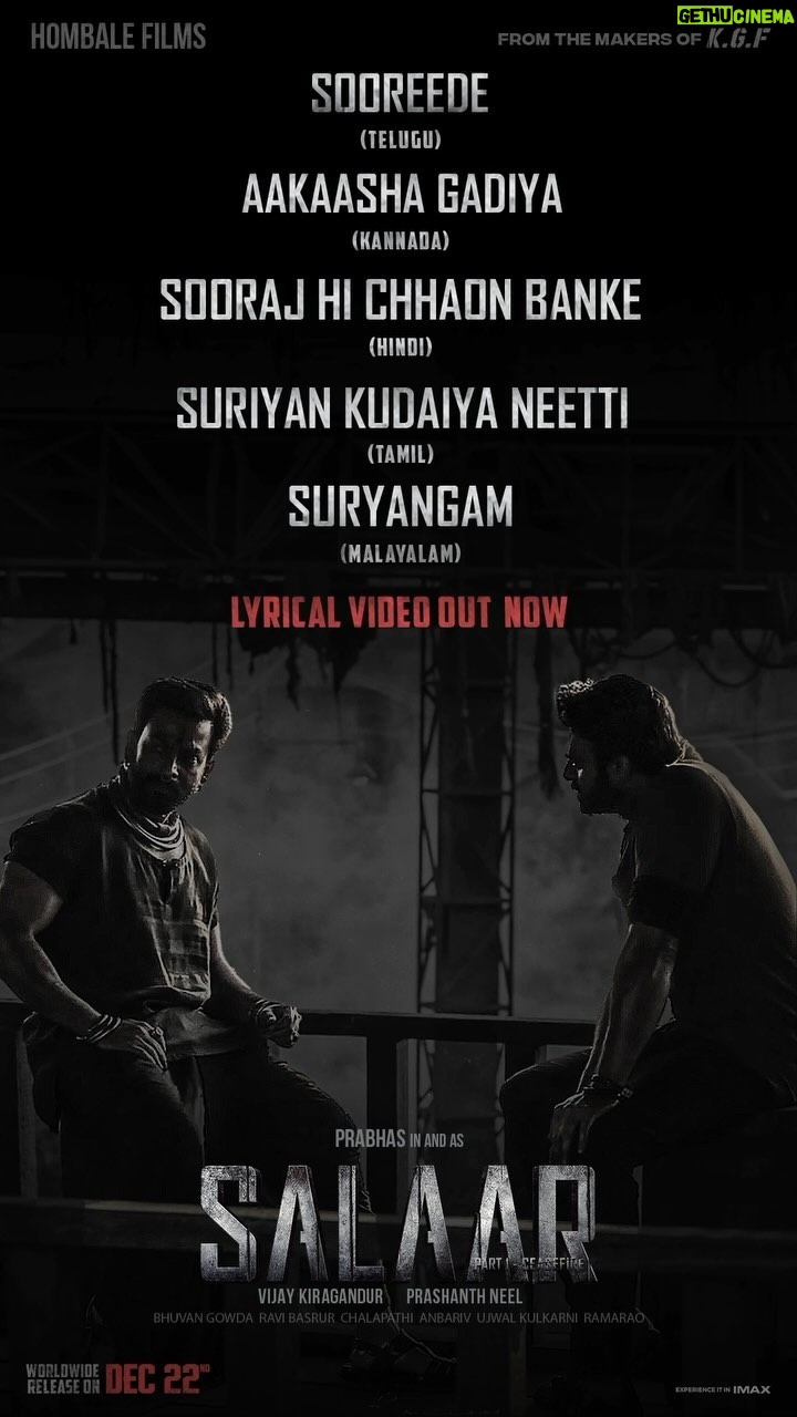 Prithviraj Sukumaran Instagram - Celebrating friendship with #SalaarFirstSingle ❤️🎵 Listen now ▶️ https://bit.ly/Salaar-FirstSingle #Sooreede #SoorajHiChhaonBanke #AakaashaGadiya #Suryangam #SuriyanKudaiyaNeetti #Salaar #SalaarCeaseFire @actorprabhas #PrashanthNeel @hombalefilms @vkiragandur @shrutzhaasan @iamjaggubhai_ @sriya_reddy @garuda_ram_official @actorsimha @hombalegroup @ravibasrur @bhuvanphotography @chalapathi477 @anbariv_action_director @kishorekotumphotography @kirtan.nadagouda @salaarthesaga #Prabhas #HombaleFilms #VijayKiragandur #SalaarCeaseFireOnDec22