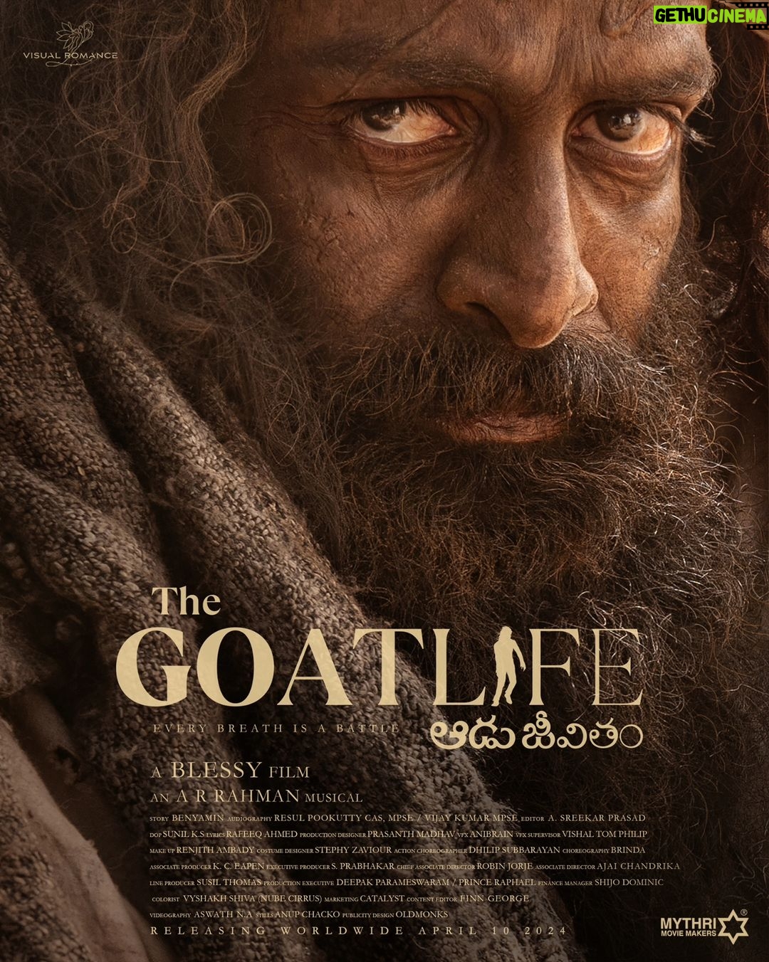 Prithviraj Sukumaran Instagram - We are happy to associate with #AaduJeevitham and release it in Telugu. A terrific story told by a terrific team β€οΈβπ₯ An inspiring journey of a man who just wouldn't give up! #TheGoatLife releasing on 10.04.2024 Starring #Salaar fame @therealprithvi @thegoatlifefilm @talib_m_albaushi @rikaby1 @benny.benyamin @kr_gokul @Stephy_Zaviour @robinjorje @susil.thomas @ranjithambady @vishal_fx84 @prasanthmadhav.artdirector @sunil_ks1 @catalyst4movies @MoesArtOfficial @talib_m_albaushi @rikaby1 @sreekar.prasad @im_a_s_h_ @aafilms.official @mythriofficial @redgiantmovies @hombalefilms @prithvirajproductions