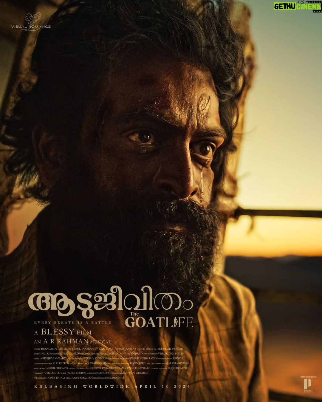 Prithviraj Sukumaran Instagram - There is always light at the end of the tunnel. Watch this extraordinary tale of hope on 10.04.2024 @kr_gokul @Stephy_Zaviour @robinjorje @susil.thomas @ranjithambady @vishal_fx84 @prasanthmadhav.artdirector @sunil_ks1 @benny.benyamin @catalyst4movies @talib_m_albaushi @rikaby1 @sreekar.prasad @im_a_s_h_ #TheGoatLife #TheGoatLifeFilm #TheGoatLifeMovie #Aadujeevitham #Blessy #Benyamin #PrithvirajSukumaran #AmalaPaul #JimmyJeanLouis #ARR #PosterRelease #Poster #PrithvirajFanClub #PrithvirajSukumaranFans #OfficialPoster #DesertFilm #Jordan #Kerala #Mollywood #Film #Movie #Cinema