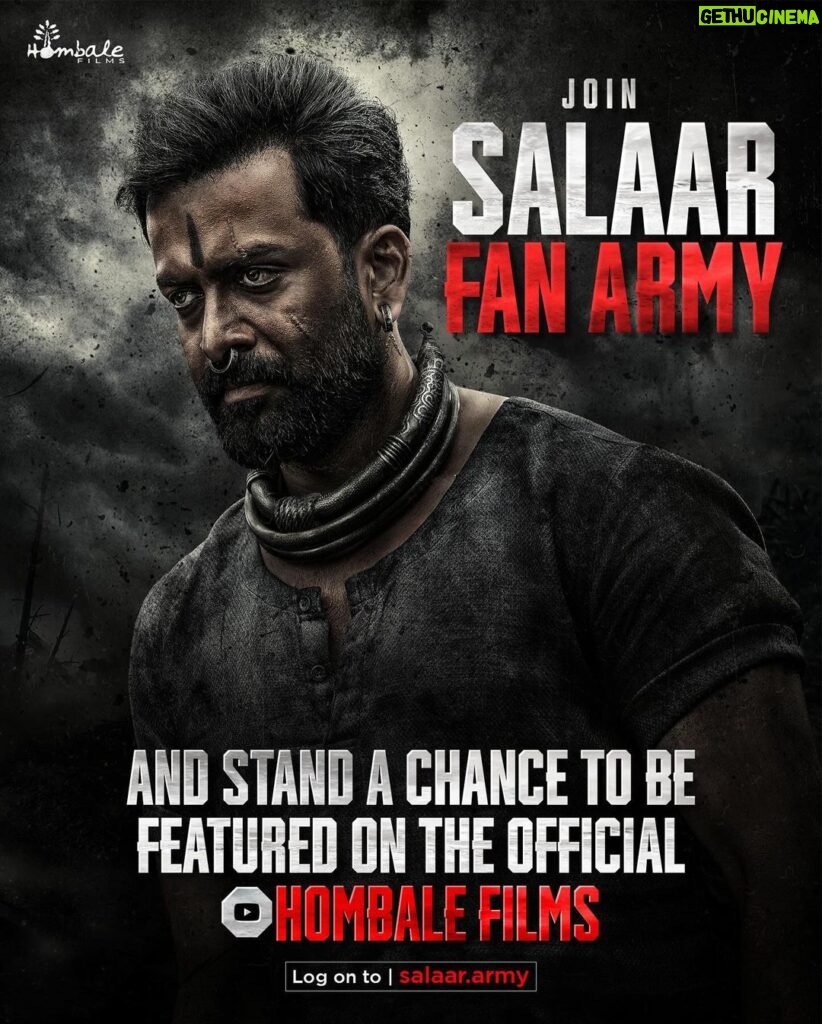 Prithviraj Sukumaran Instagram - Join the #Salaar Fan Army and win a chance to be featured on the official channel of #HombaleFilms #Salaar Part 1 The Ceasefire. In theatres worldwide from 22/12/2023! https://www.salaar.army #Salaar @actorprabhas #PrashanthNeel @hombalefilms @vkiragandur @prithvirajproductions @shrutzhaasan @iamjaggubhai_ @sriya_reddy @garuda_ram_official @actorsimha @hombalegroup @bhuvanphotography @ravibasrur @shivakumarart @chalapathi477 @anbariv_action_director @kishorekotumphotography @salaarthesaga #SalaarCeaseFireOnDec22