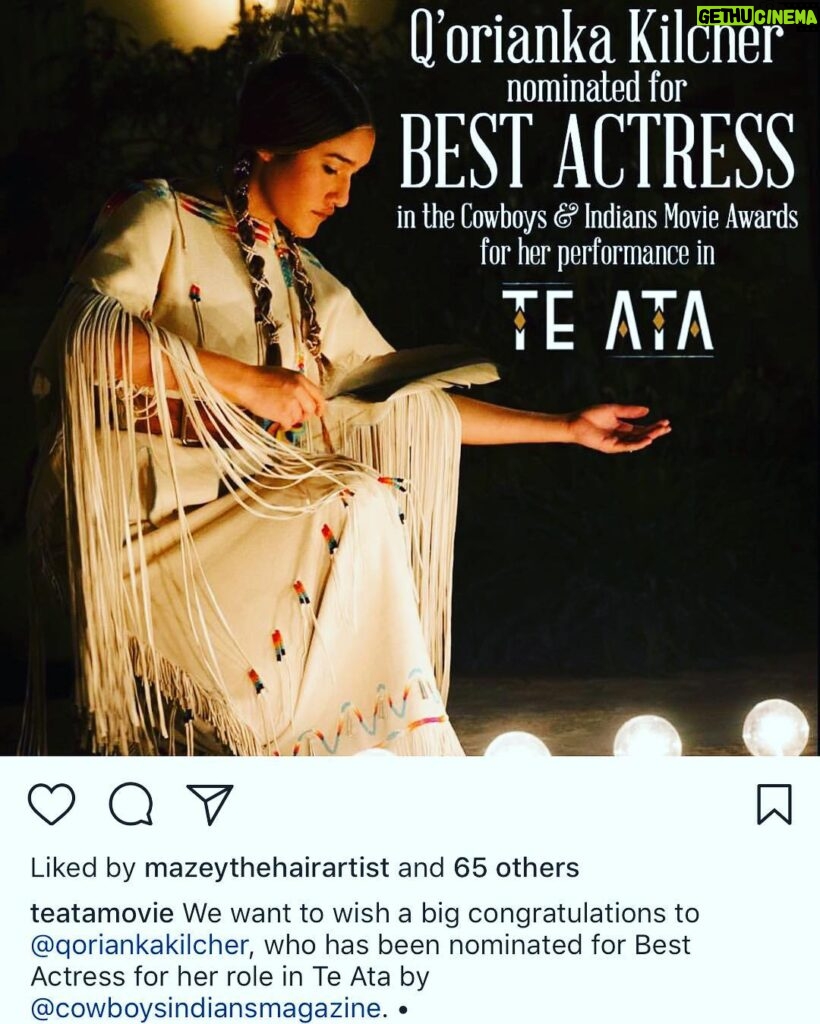 Q'orianka Kilcher Instagram - So thankful for this... but I want to honor and thank all of the people involved especially Te Ata’s relatives that made this film possible,. All the storytellers that continue her legacy. The Chickasaw nation and Bill Anoatubby that paved the way for us to start sharing our stories . Thank you to our producer Paul sirmons and our director Nathan Frankowski and everyone involved including a lot of Te Ata’’s relatives and family to be part of this film was so very vital and a step in the right direction of filmmakers being more inclusive and having enough courageous to start telling our stories. Reclaiming pride and raising our voice and be represented. And also take action !!! May we continue to inspire and educate our youth, speak truth and and learn from our elders storytelling!!!! ....#teata #native-pride #helpinspire #nativepride