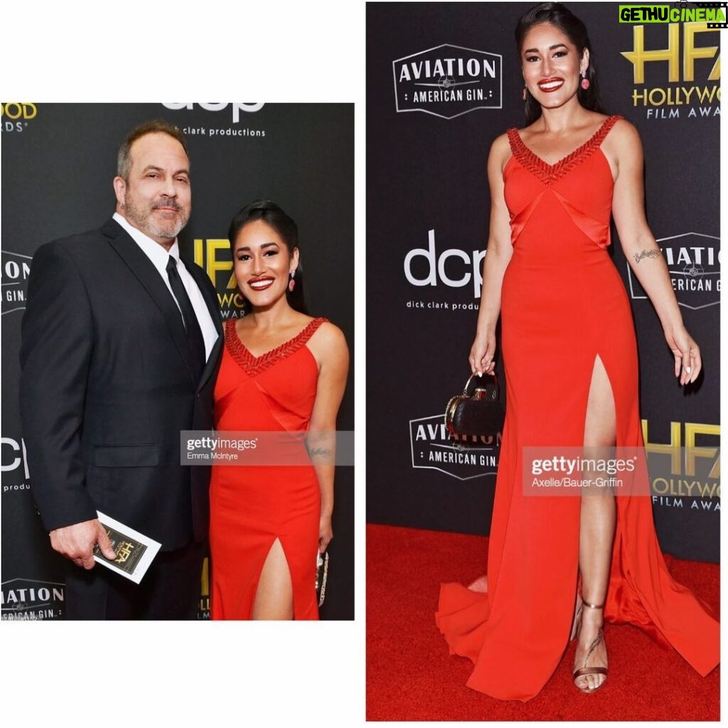 Q'orianka Kilcher Instagram - Had such a wonderful time with @grantrobertsfit at the #hollywoodfilmawards. You are always the best company Grant! 😊 I Kept singing the lady in red song the whole night haha 😂thanks to @dimitryl @regardstylehouse for the fierce dress💃🏽 @ginasbeverlyhills and @colorbymattrez for always takin care of my skin and hair🙌🏽🖤#ladyinred #ladyinred💋 #workhardplayhard