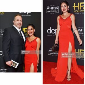 Q'orianka Kilcher Instagram - Had such a wonderful time with @grantrobertsfit  at the #hollywoodfilmawards. You are always the best company Grant! 😊 I Kept singing the lady in red song the whole night haha 😂thanks to @dimitryl @regardstylehouse for the fierce dress💃🏽 @ginasbeverlyhills and @colorbymattrez for always takin care of my skin and hair🙌🏽🖤#ladyinred #ladyinred💋 #workhardplayhard