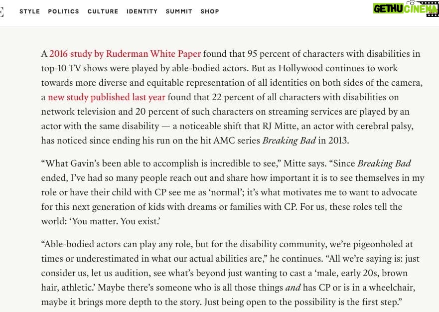 RJ Mitte Instagram - Thank you @TeenVogue @Max_Gao for giving me the opportunity to share my thoughts on this story. We need more inclusion in the entertainment industry. Go Gavin! #disability awareness