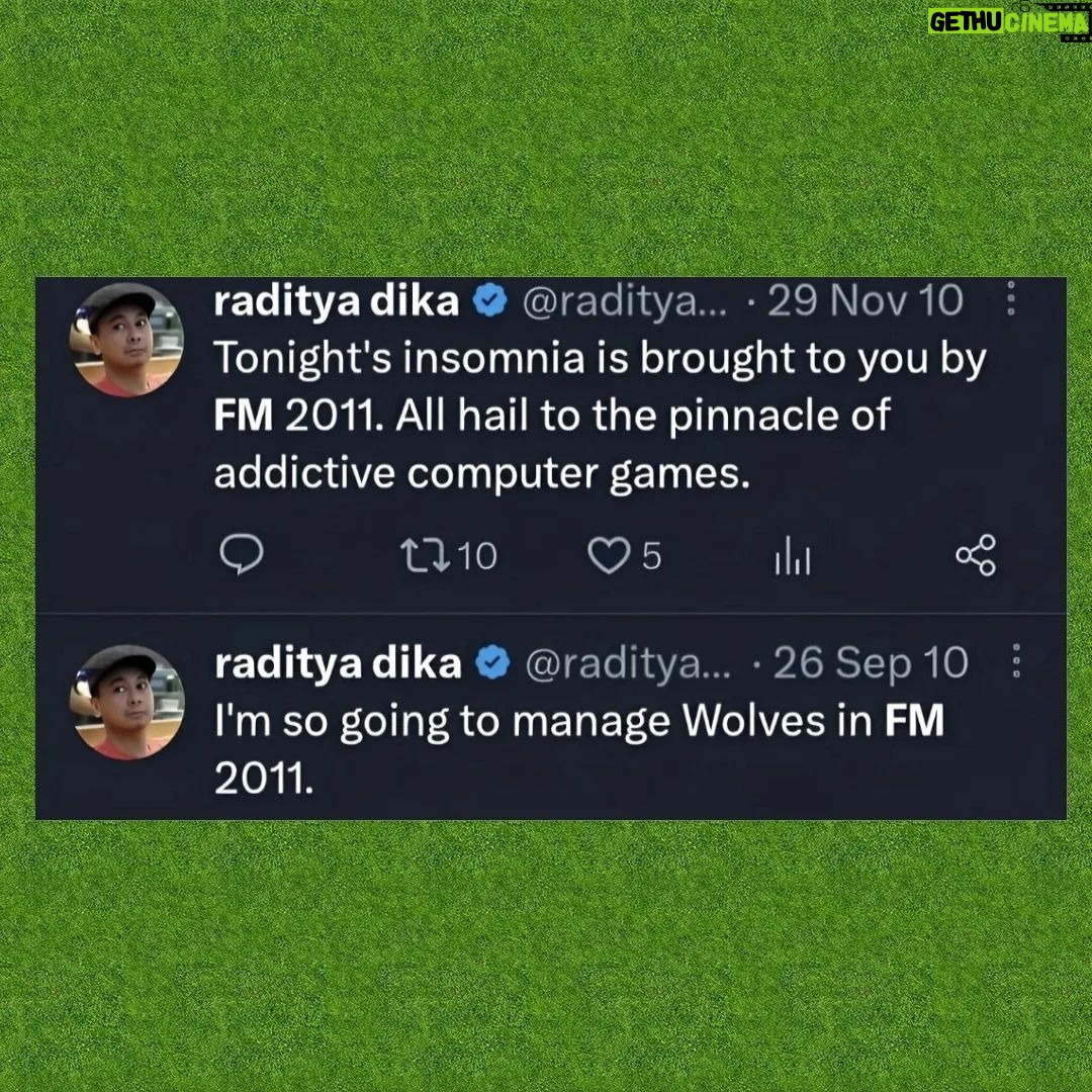 Raditya Dika Instagram - Tiba2 lewat di fyp tiktok, tweet lama gue pas dulu main football manager 2011, nge-manage Wolverhampton Wanderers. Iseng buka steam, FM 2023 ternyata udah gue mainin 166 jam. Kok masih ada waktu juga sih main FM di umur segini. 😂