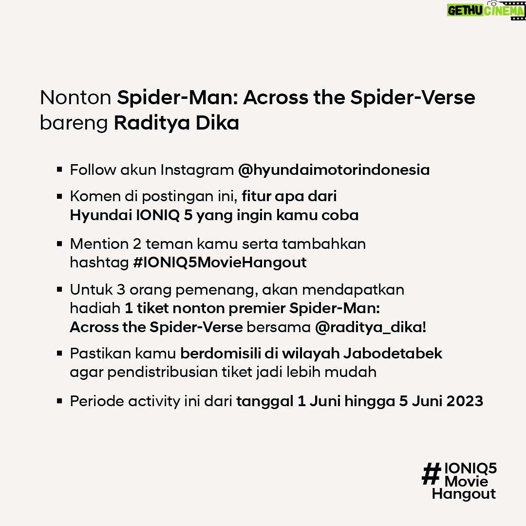 Raditya Dika Instagram - Dapatkan kesempatan buat menghadiri nonton film Spider-Man: Across the Spider-Verse sekaligus dijemput dari lokasi kamu bareng @Raditya_Dika! Langsung cek postingan ini dan komen di bawah untuk jawabannya👇🏻 #Hyundai #IONIQ5MovieHangout #HyundaiIndonesia
