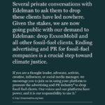 Rae Wynn-Grant Instagram – We CAN make change. We CAN band together to push corporations & industries to put planet over profit. My dear friend @ayanaeliza (brilliant genius scientist-activist-multi-hyphenate) reached out to ask if I would sign this petition from environmental leaders to get major PR firm @edelman to cease representing @exxonmobil. This campaign is getting tons of press and is moving rapidly. Get involved, get angry. Please tell @edelman that they are powerful and important, and dropping @exxonmobil will signal to the world that we want our planet for the long term over profit for the short term 💪🏾💪🏾💪🏾 #EdelmanDropExxon