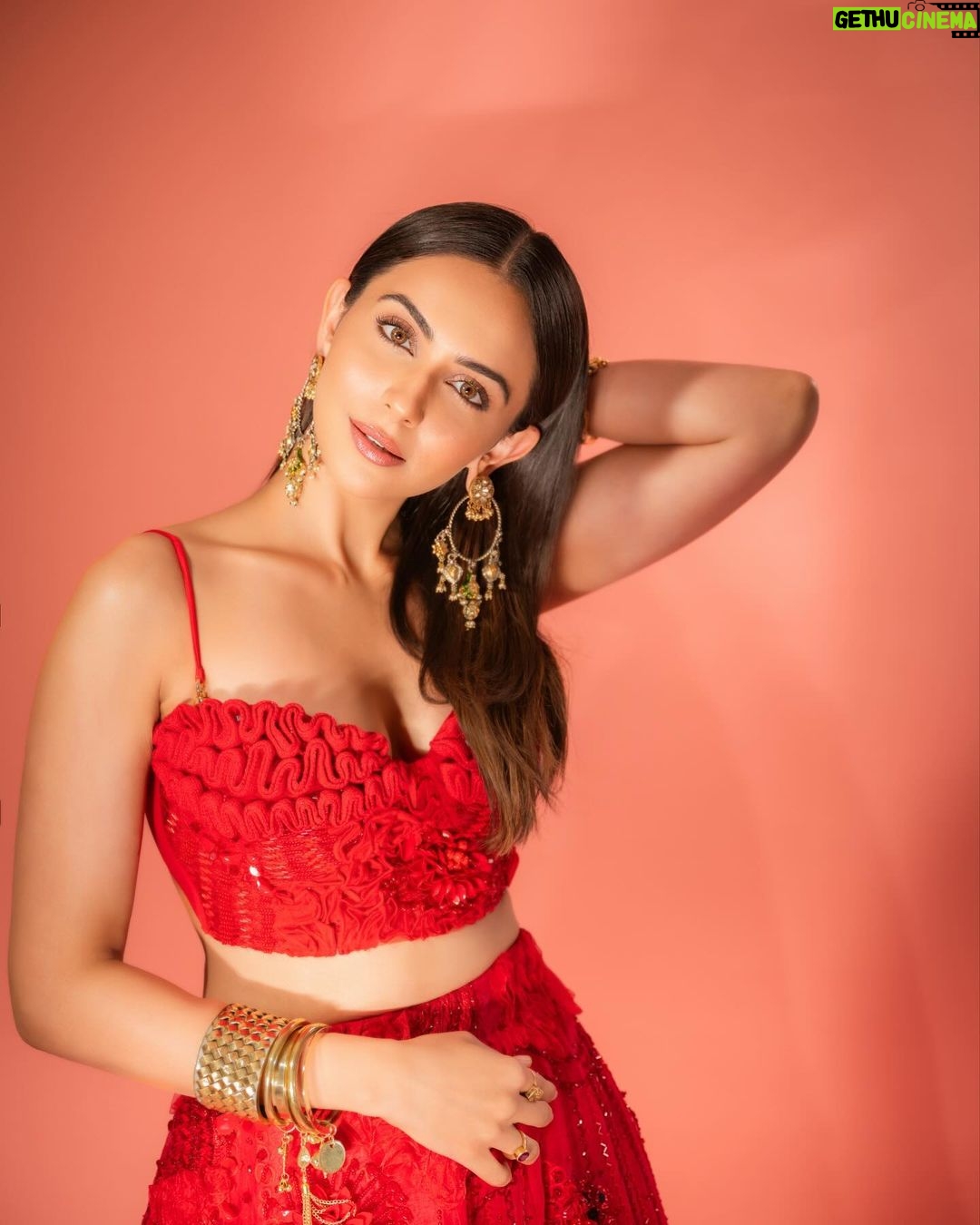 Rakul Preet Singh Instagram - Life is simple , it’s either cherry red or any other red ❤️ Outfit @shivanandnarresh Earrings @abhilasha_pret_jewelery Ring @abhilasha_pret_jewelery Bangles @sachdeva.ritika Styled by @anshikaav Assisted by @bhatia_tanisha Makeup @im__sal Hair @aliyashaik28 Photographer- @deepak_das_photography