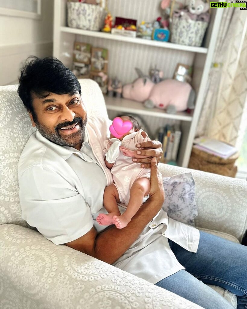 Ram Charan Instagram - Happiest Birthday to our dearest CHIRUTHA - (Chiranjeevi Thatha) Loads of love from us & the Littlest member of the KONIDELA family. 😍 @chiranjeevikonidela ❤️🎉