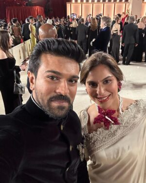 Ram Charan Instagram - Oscar Love ❤️ 
#oscar2023 
Thank you @ssrajamouli Garu & family 
We are here for India 🇮🇳 #jaihind 

Dream team 
@nikitajaisinghani for styling ram 
@sandysartistry hair and make up 
@jayantireddylabel my saree
@binagoenkaofficial my exquisite jewels 
@arifminhaz photos 
@magic.energy spiritual balance 
@swamynathkorlapati & @prashanthkunchapu biggest support.
